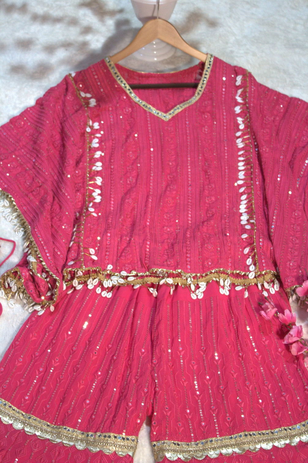 Pink Designer Georgette Kaftan Sharara Set with Heavy Thread & Mirror Embroidery