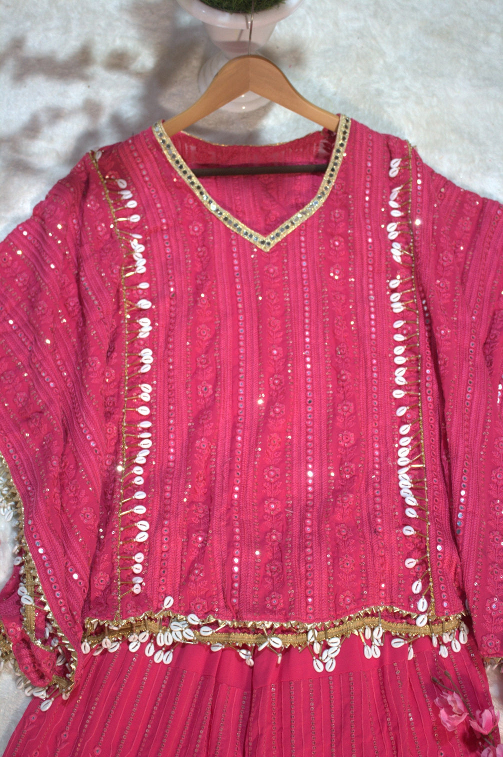 Pink Designer Georgette Kaftan Sharara Set with Heavy Thread & Mirror Embroidery