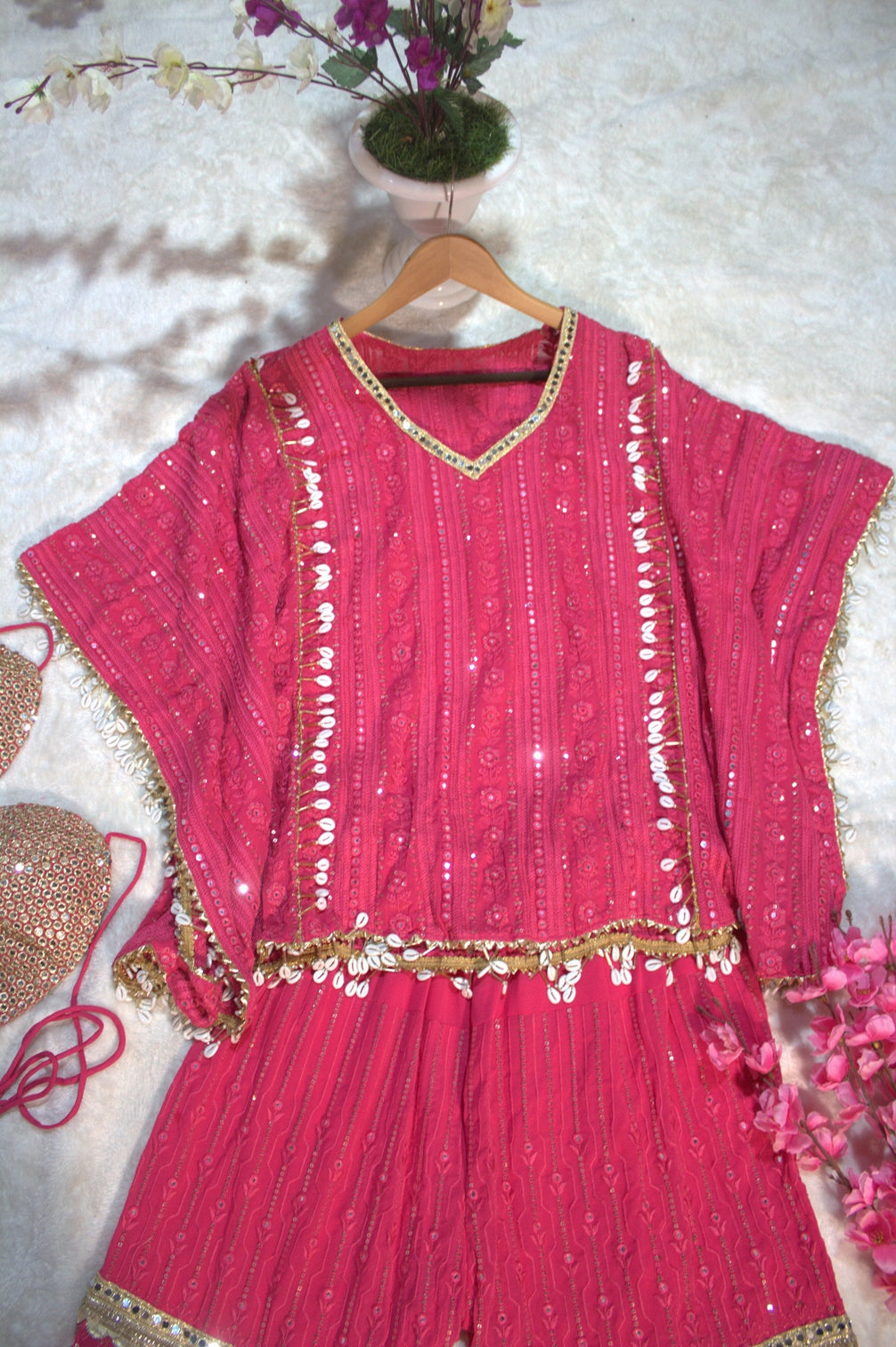 Pink Designer Georgette Kaftan Sharara Set with Heavy Thread & Mirror Embroidery