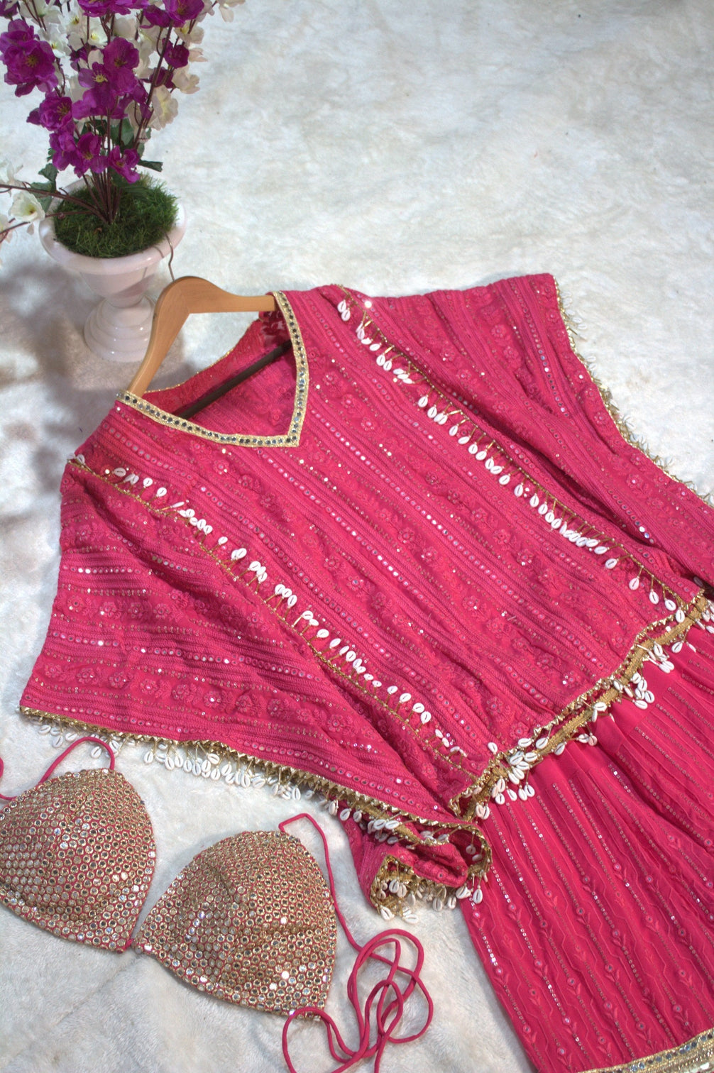 Pink Designer Georgette Kaftan Sharara Set with Heavy Thread & Mirror Embroidery