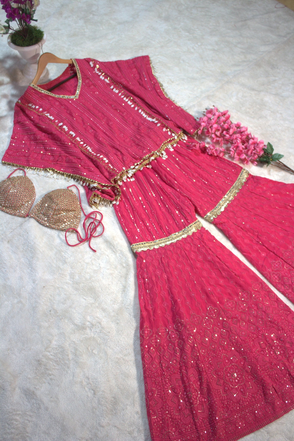 Pink Designer Georgette Kaftan Sharara Set with Heavy Thread & Mirror Embroidery