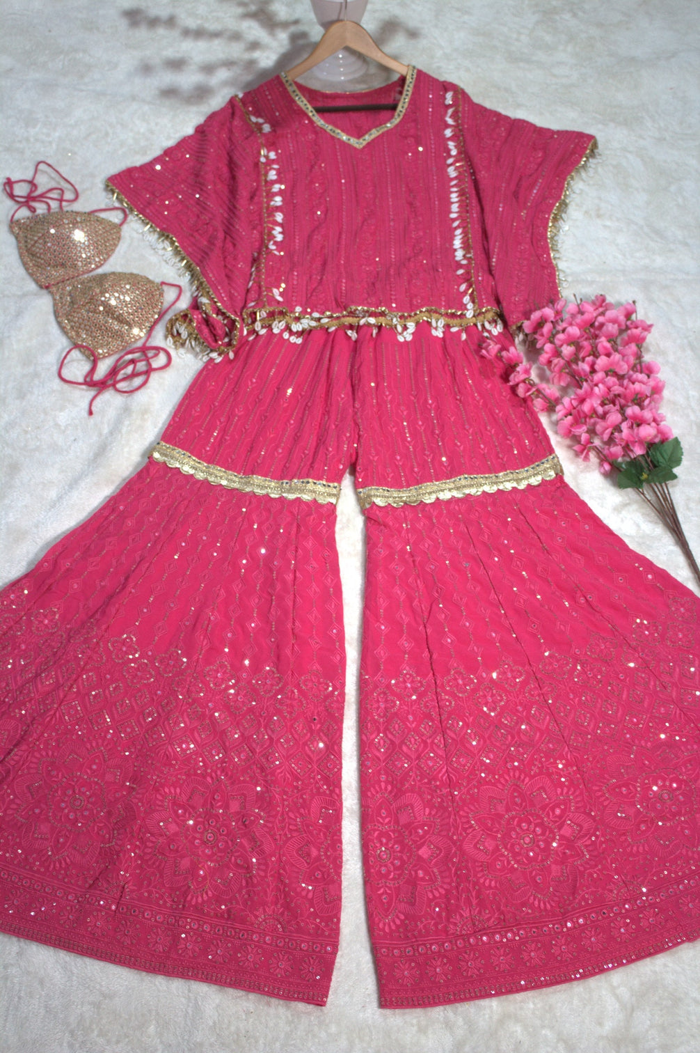 Pink Designer Georgette Kaftan Sharara Set with Heavy Thread & Mirror Embroidery