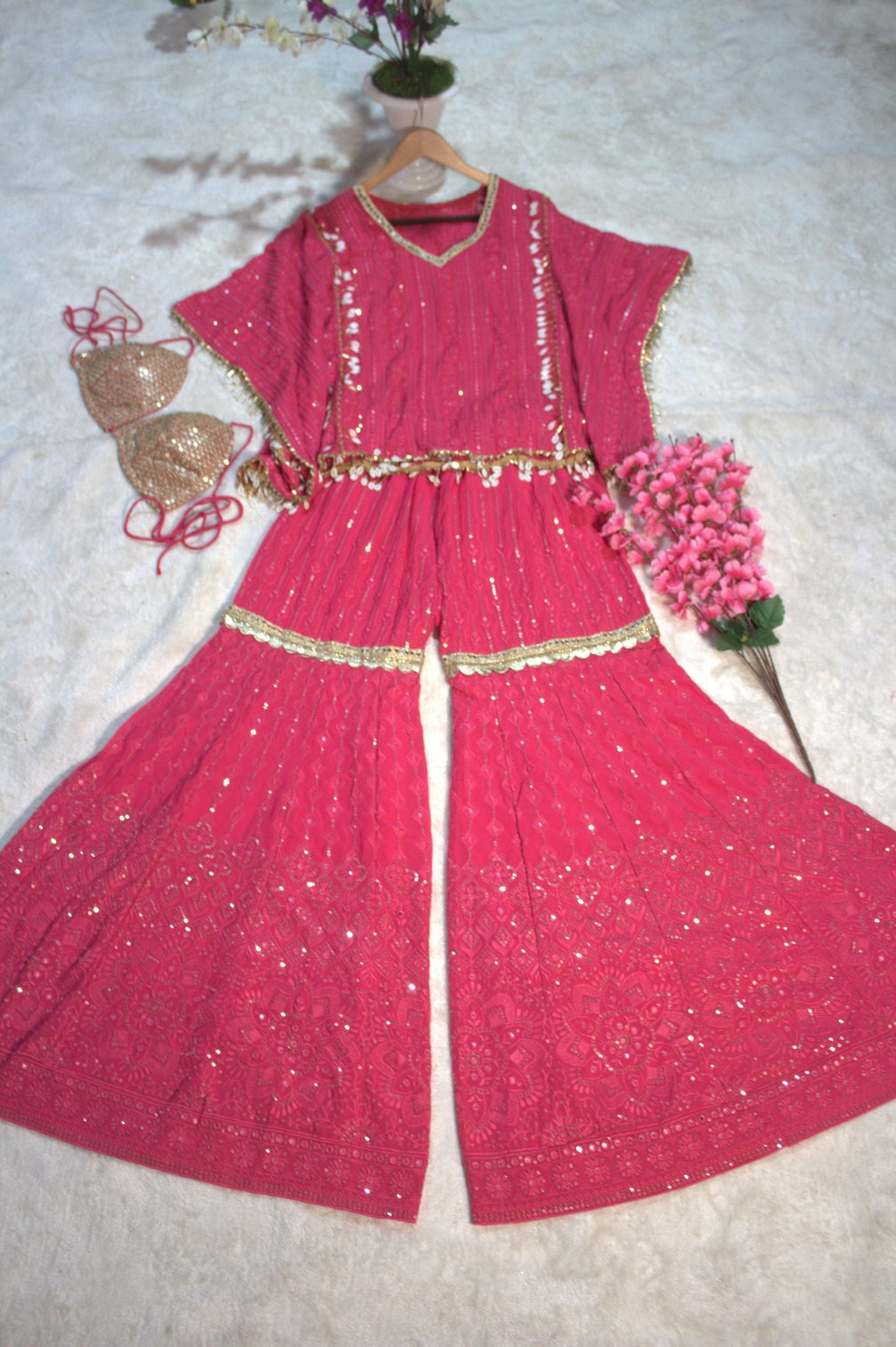 Pink Designer Georgette Kaftan Sharara Set with Heavy Thread & Mirror Embroidery