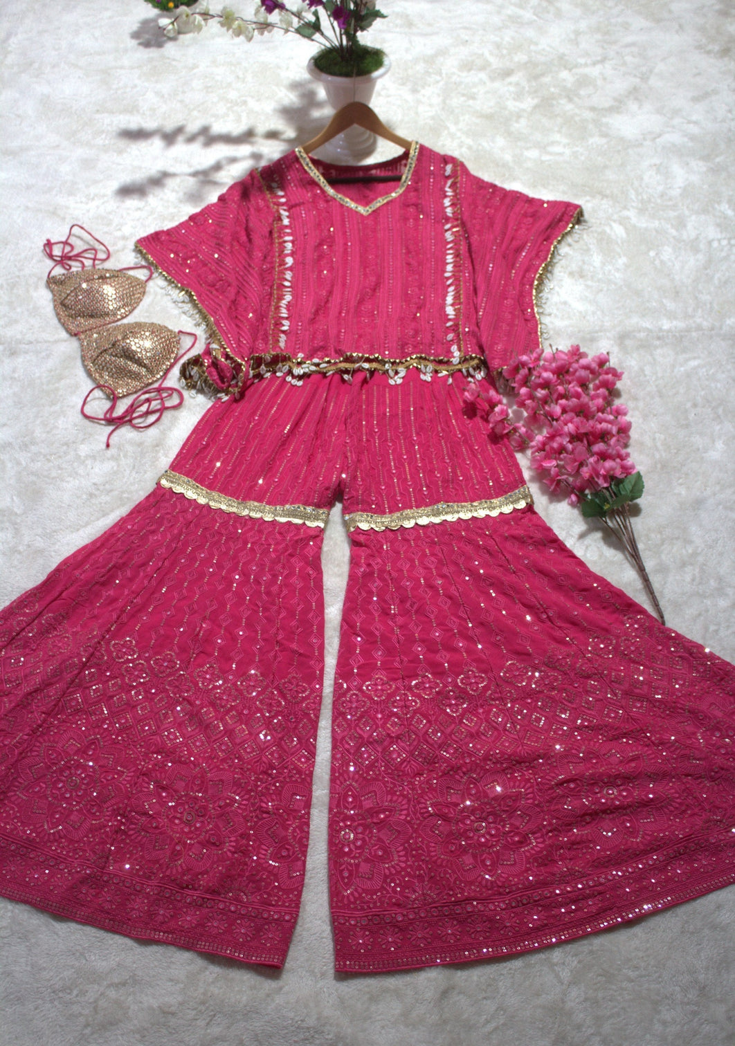 Pink Designer Georgette Kaftan Sharara Set with Heavy Thread & Mirror Embroidery