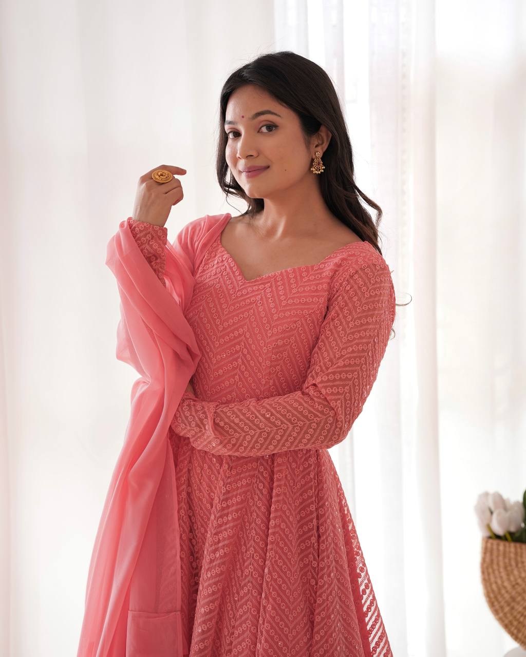 Pink Designer Lucknowi Embroidered Anarkali Set with Ruffle Dupatta – Heavy Fox Georgette