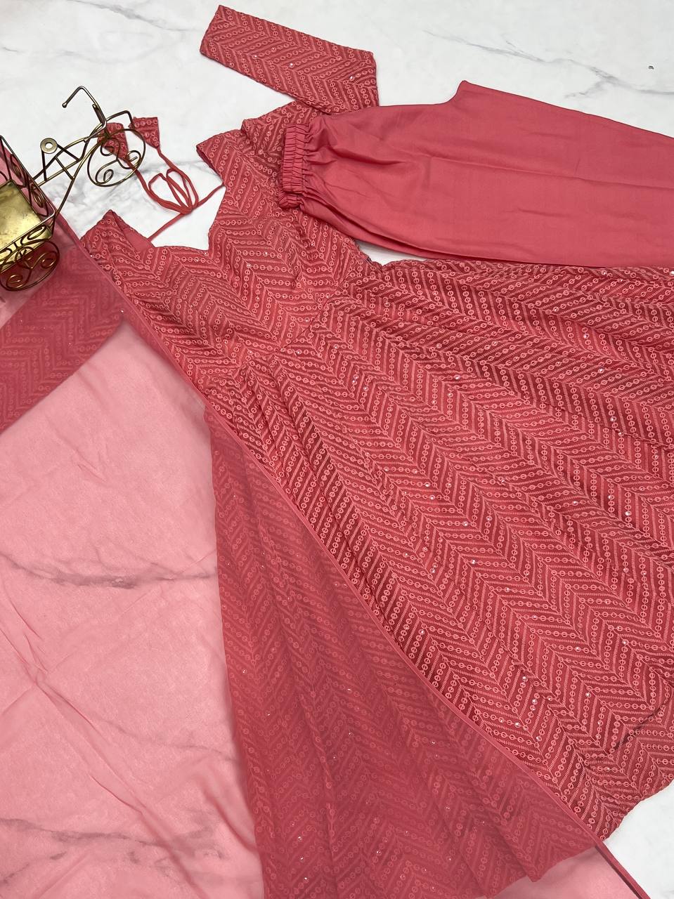 Pink Designer Lucknowi Embroidered Anarkali Set with Ruffle Dupatta – Heavy Fox Georgette