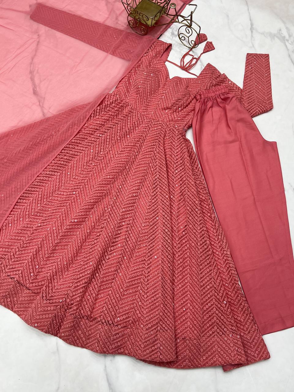 Pink Designer Lucknowi Embroidered Anarkali Set with Ruffle Dupatta – Heavy Fox Georgette