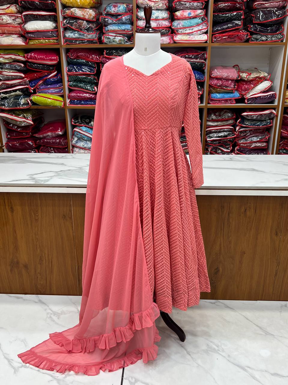 Pink Designer Lucknowi Embroidered Anarkali Set with Ruffle Dupatta – Heavy Fox Georgette
