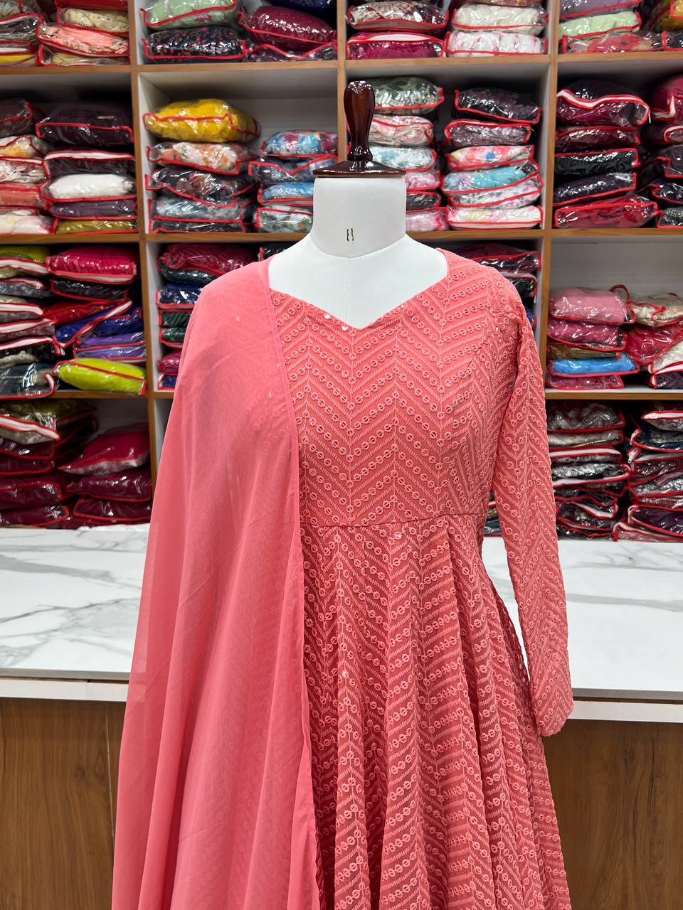 Pink Designer Lucknowi Embroidered Anarkali Set with Ruffle Dupatta – Heavy Fox Georgette