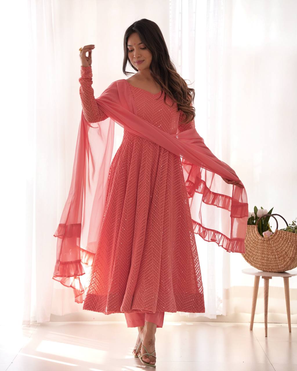 Pink Designer Lucknowi Embroidered Anarkali Set with Ruffle Dupatta – Heavy Fox Georgette