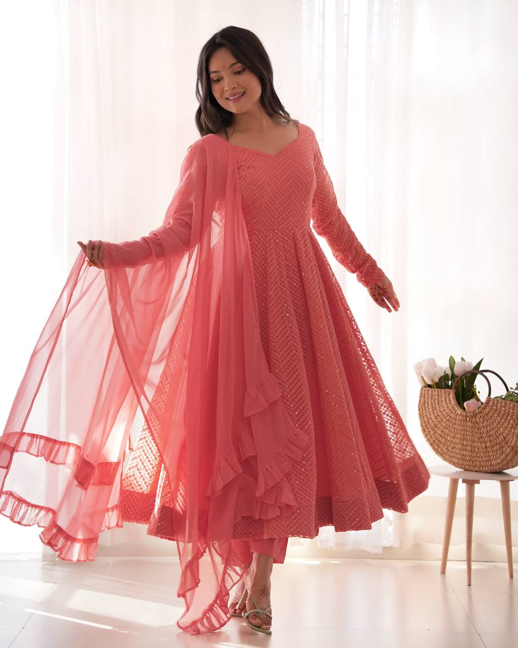 Pink Designer Lucknowi Embroidered Anarkali Set with Ruffle Dupatta – Heavy Fox Georgette