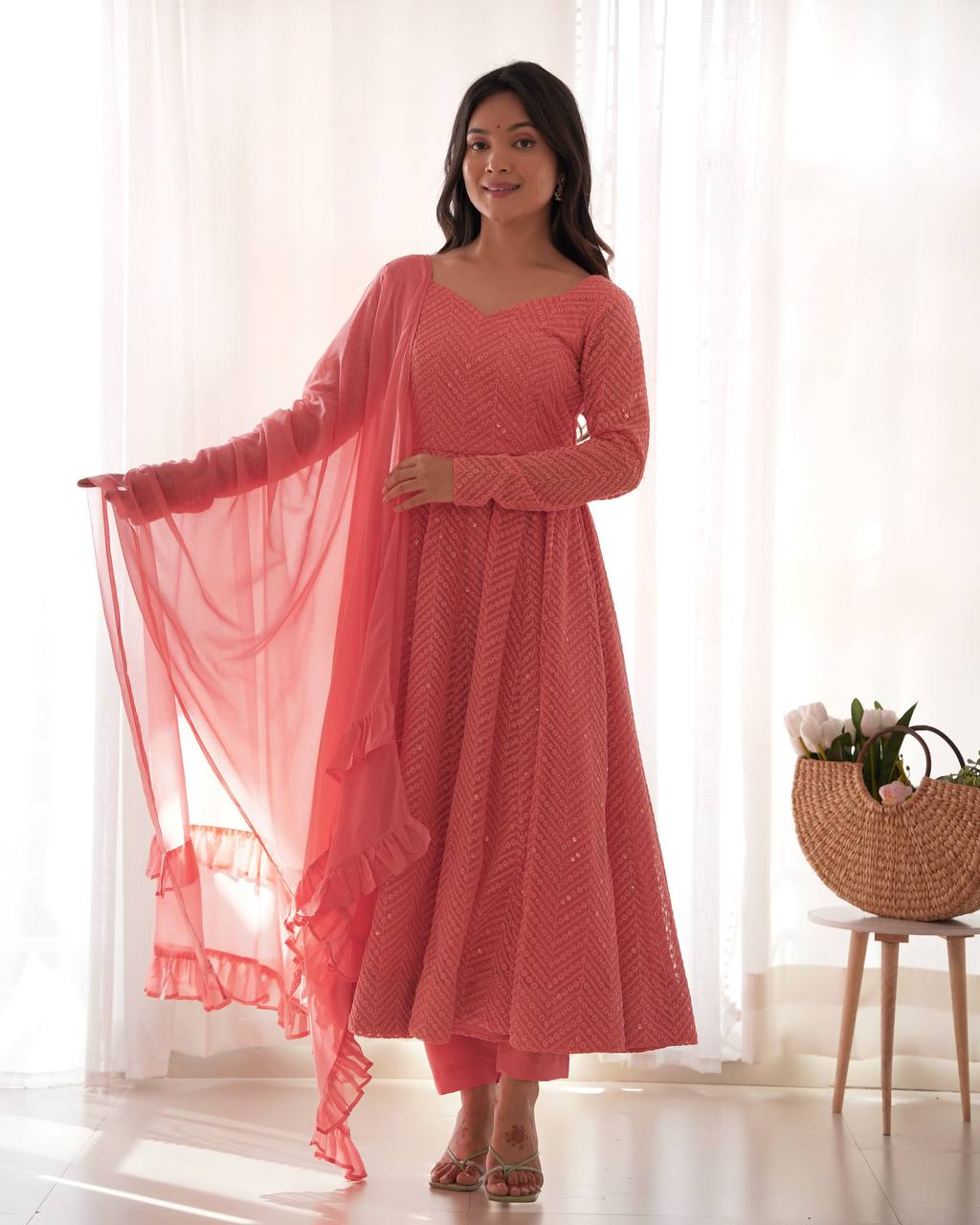 Pink Designer Lucknowi Embroidered Anarkali Set with Ruffle Dupatta – Heavy Fox Georgette