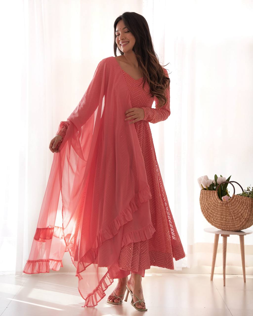 Pink Designer Lucknowi Embroidered Anarkali Set with Ruffle Dupatta – Heavy Fox Georgette