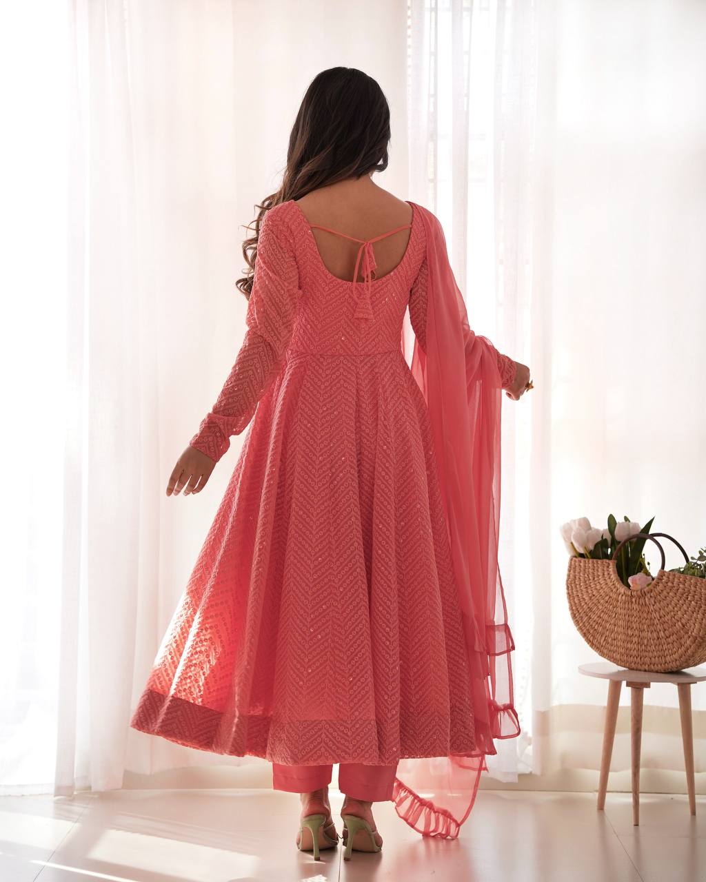 Pink Designer Lucknowi Embroidered Anarkali Set with Ruffle Dupatta – Heavy Fox Georgette
