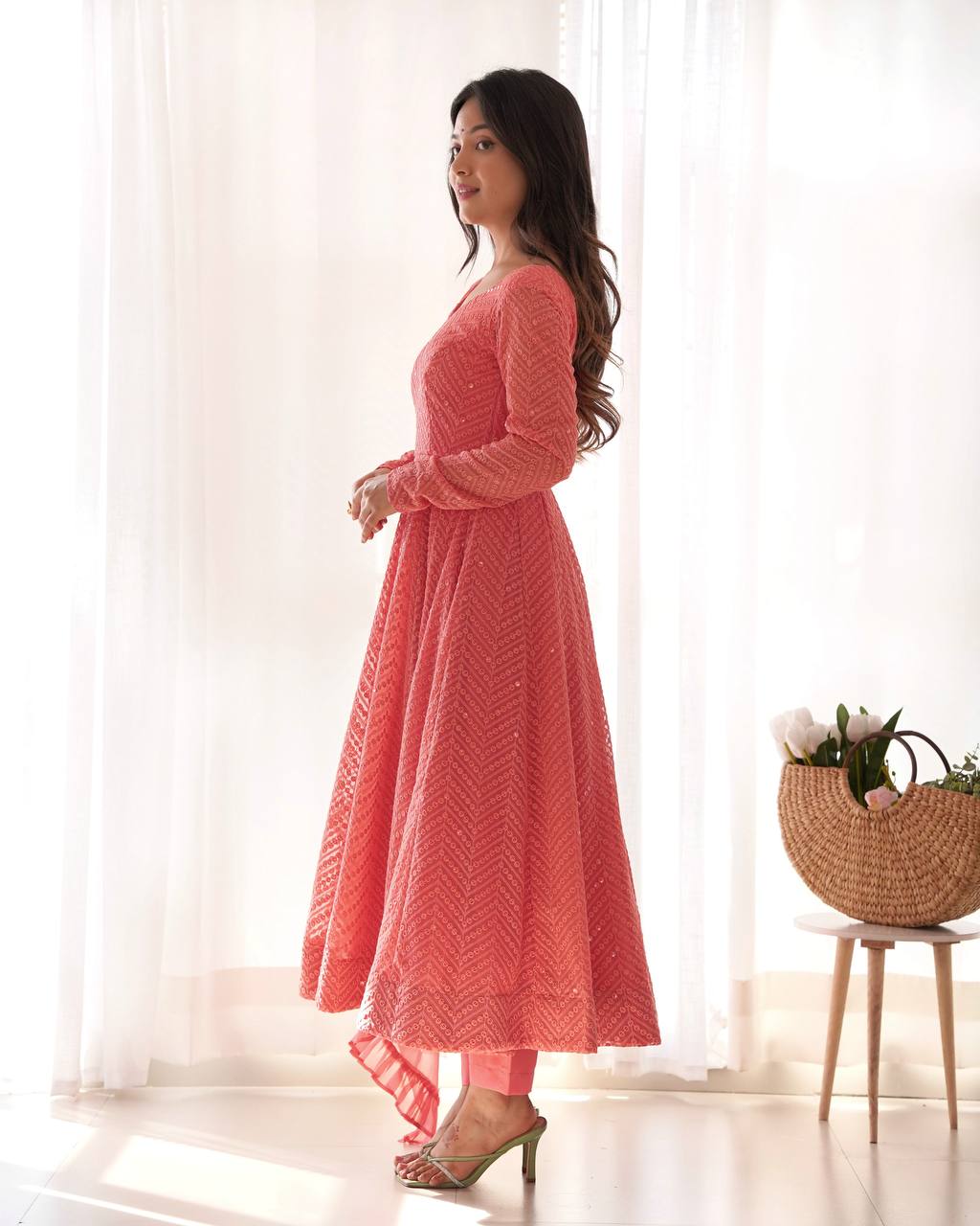 Pink Designer Lucknowi Embroidered Anarkali Set with Ruffle Dupatta – Heavy Fox Georgette