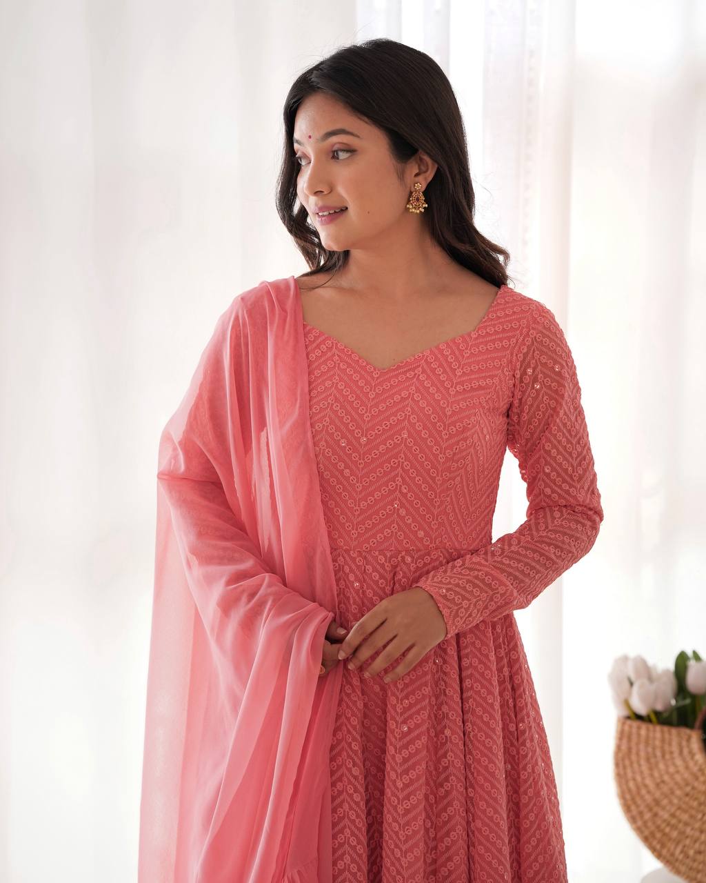 Pink Designer Lucknowi Embroidered Anarkali Set with Ruffle Dupatta – Heavy Fox Georgette