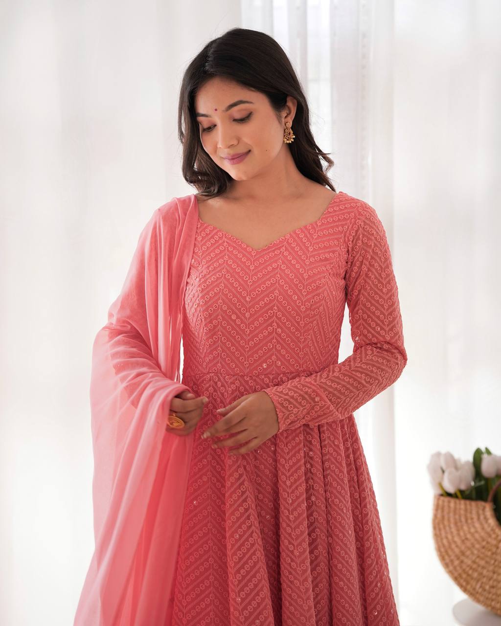 Pink Designer Lucknowi Embroidered Anarkali Set with Ruffle Dupatta – Heavy Fox Georgette