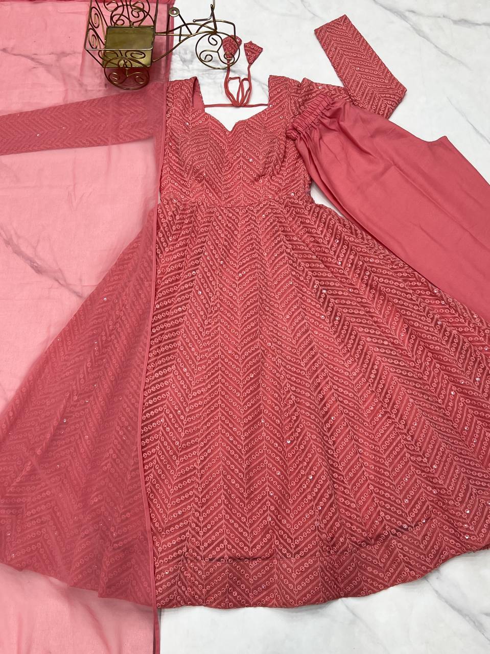 Pink Designer Lucknowi Embroidered Anarkali Set with Ruffle Dupatta – Heavy Fox Georgette