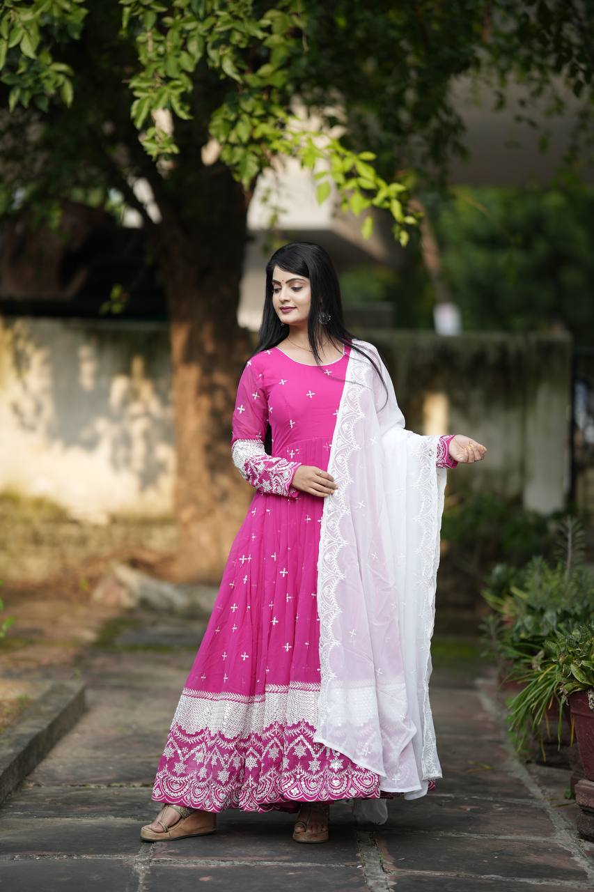 Pink Designer Luxury Anarkali Suit Set – Faux Blooming Fabric with Heavy Sequin & Thread Embroidery