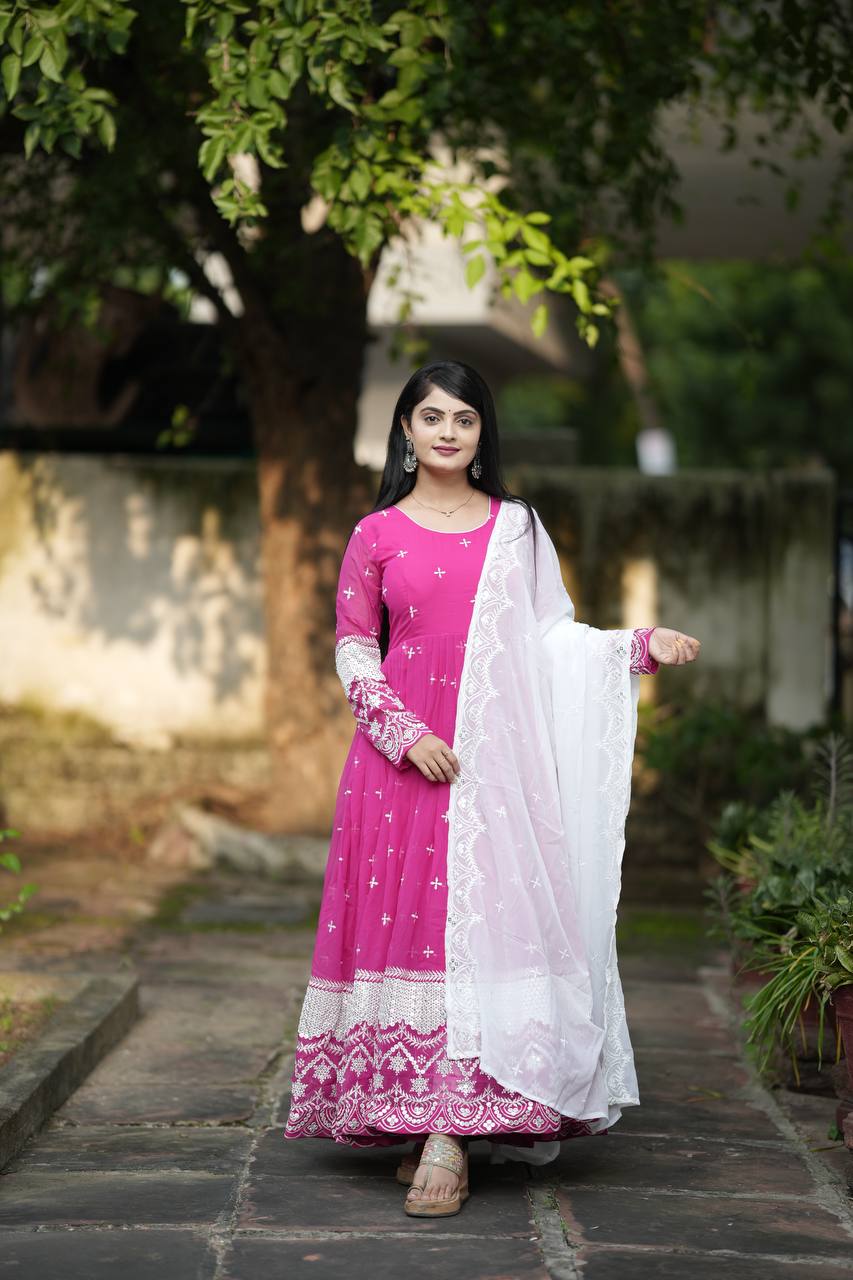 Pink Designer Luxury Anarkali Suit Set – Faux Blooming Fabric with Heavy Sequin & Thread Embroidery