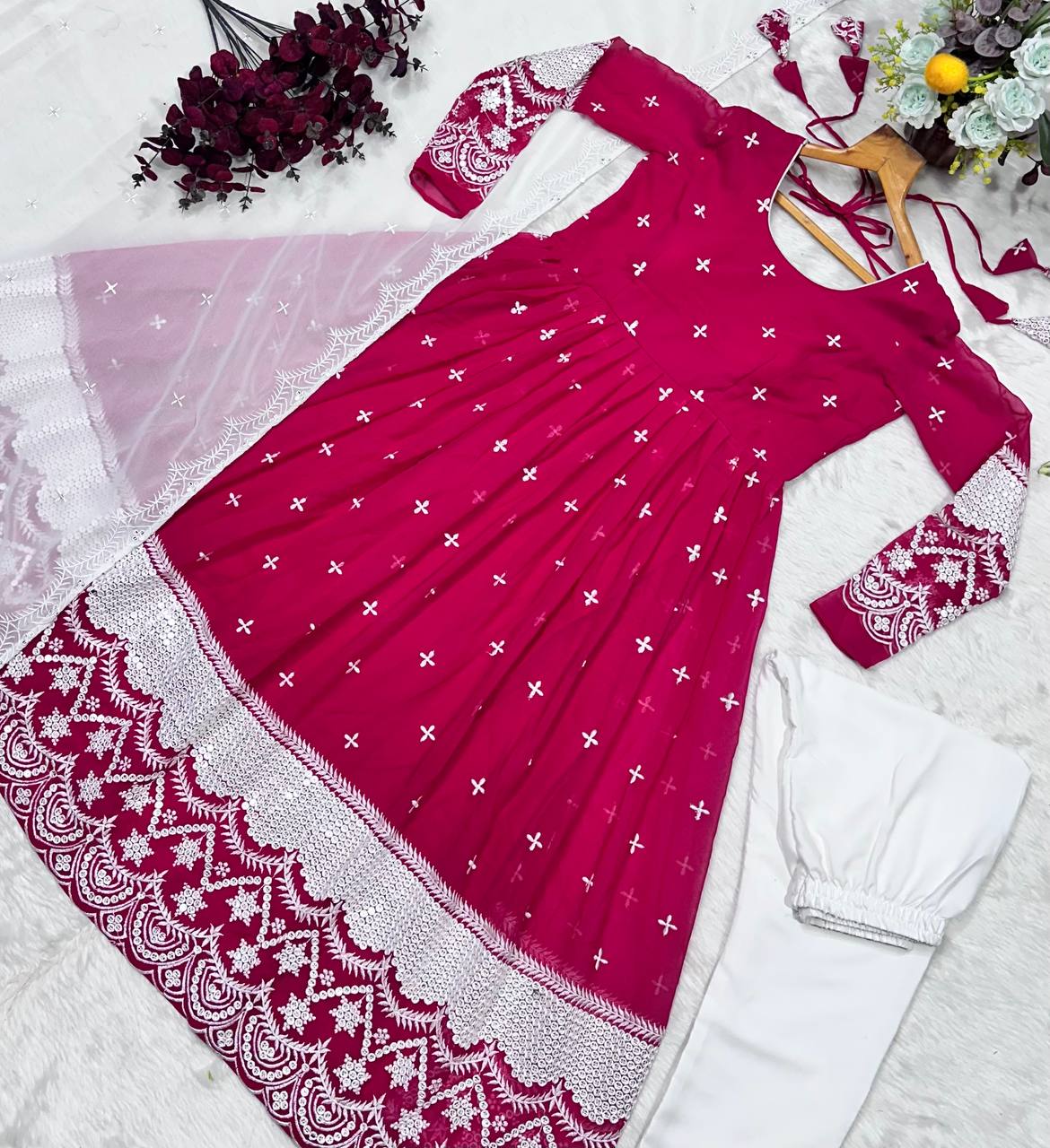 Pink Designer Luxury Anarkali Suit Set – Faux Blooming Fabric with Heavy Sequin & Thread Embroidery
