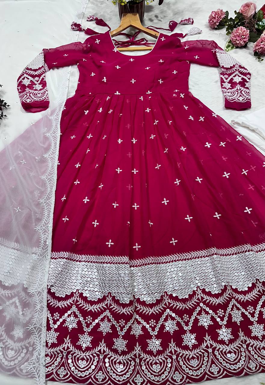 Pink Designer Luxury Anarkali Suit Set – Faux Blooming Fabric with Heavy Sequin & Thread Embroidery