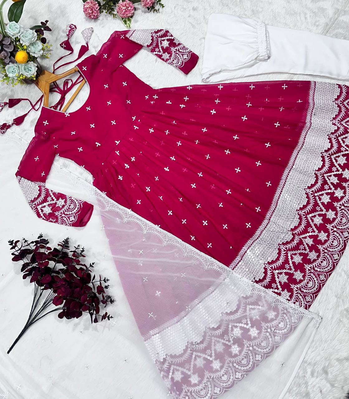 Pink Designer Luxury Anarkali Suit Set – Faux Blooming Fabric with Heavy Sequin & Thread Embroidery