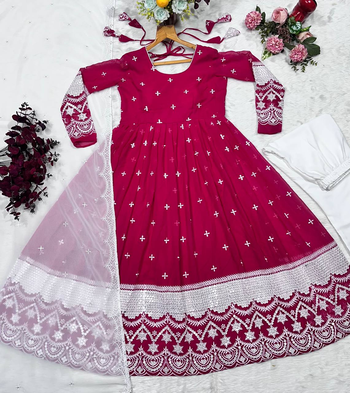 Pink Designer Luxury Anarkali Suit Set – Faux Blooming Fabric with Heavy Sequin & Thread Embroidery