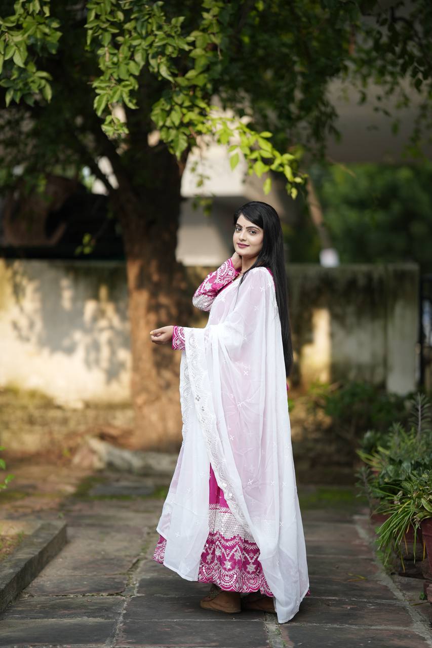 Pink Designer Luxury Anarkali Suit Set – Faux Blooming Fabric with Heavy Sequin & Thread Embroidery