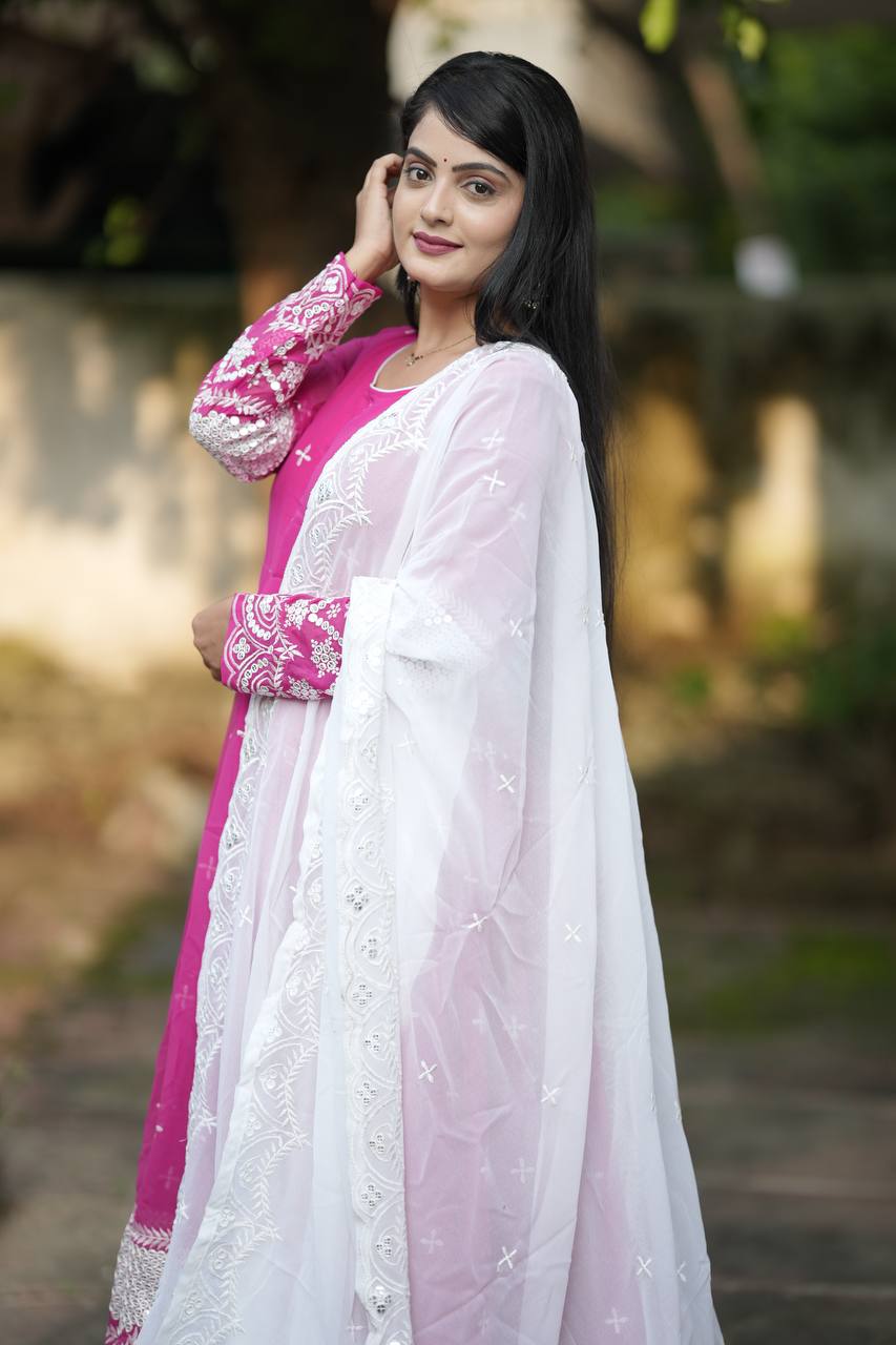 Pink Designer Luxury Anarkali Suit Set – Faux Blooming Fabric with Heavy Sequin & Thread Embroidery