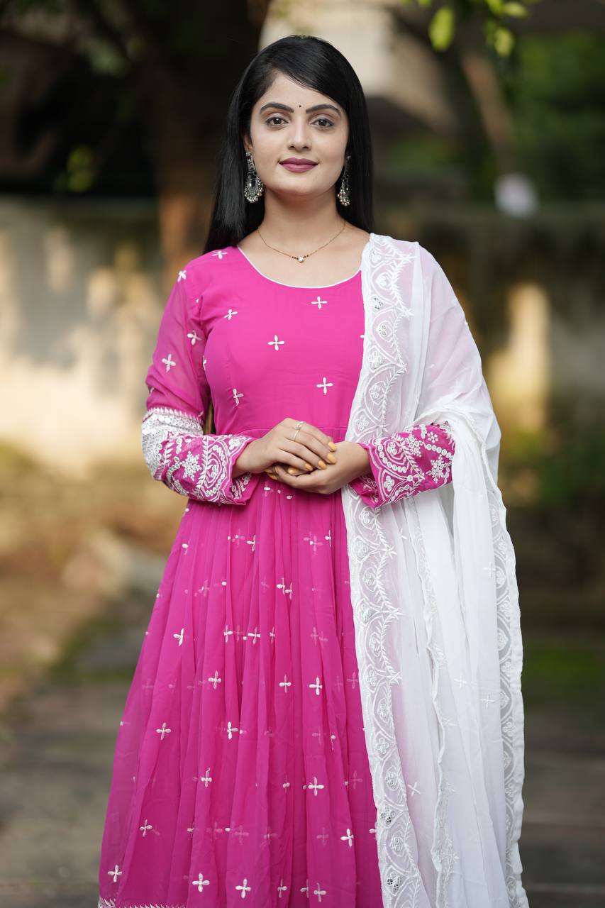 Pink Designer Luxury Anarkali Suit Set – Faux Blooming Fabric with Heavy Sequin & Thread Embroidery