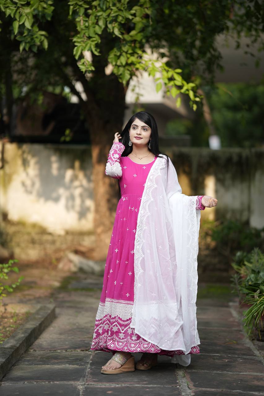 Pink Designer Luxury Anarkali Suit Set – Faux Blooming Fabric with Heavy Sequin & Thread Embroidery