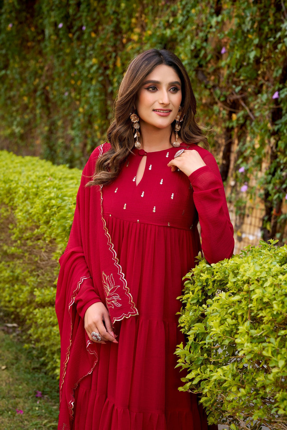 Pink Designer Marble Foil Work Flared Dress Set
