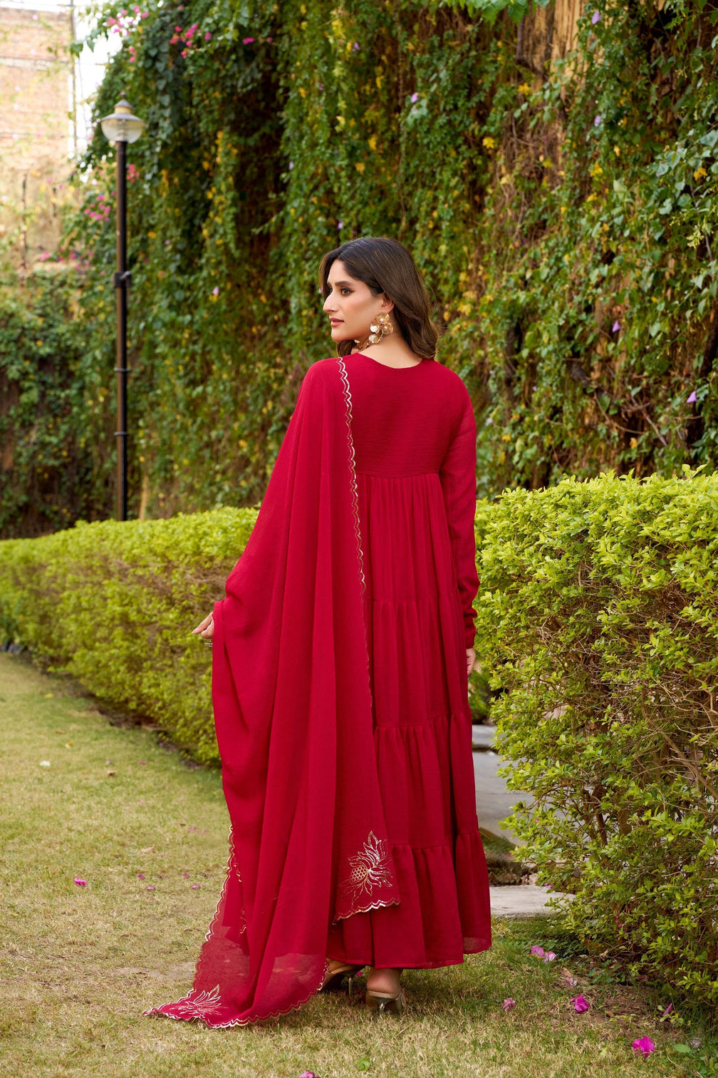 Pink Designer Marble Foil Work Flared Dress Set
