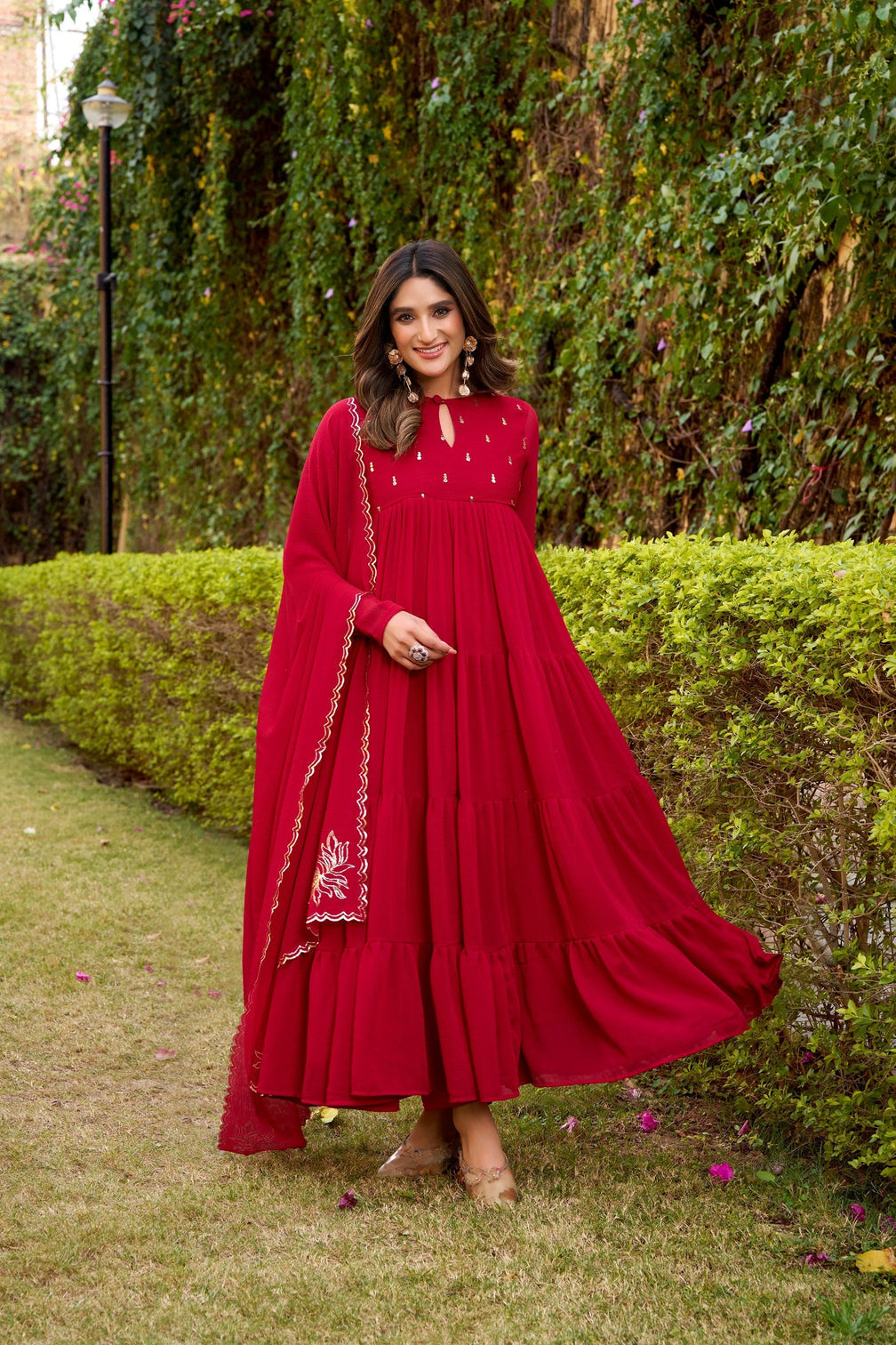 Pink Designer Marble Foil Work Flared Dress Set