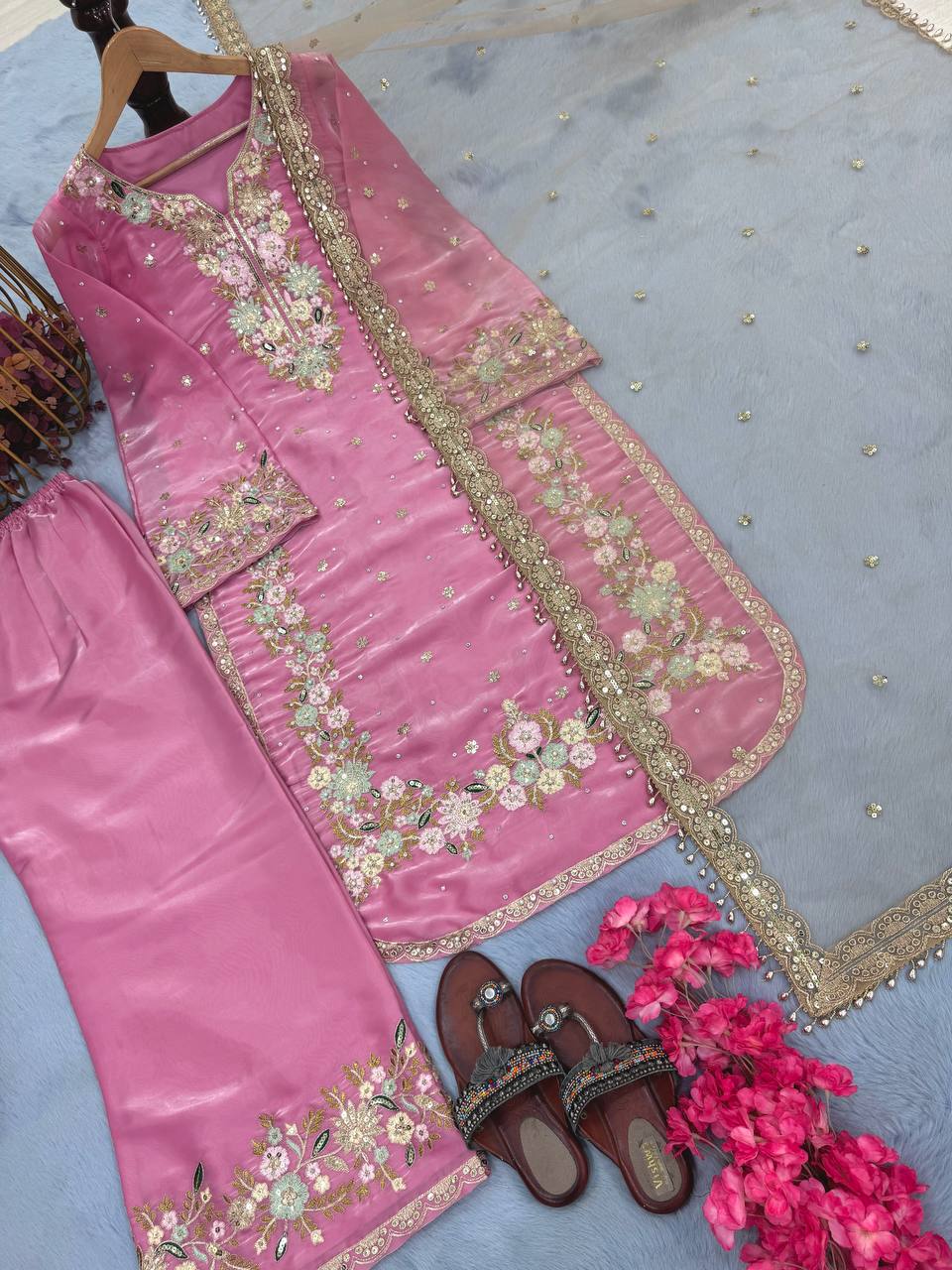 Pink Designer Party Wear Chinon Silk Plazzo Set – Exquisite Embroidery & Handwork