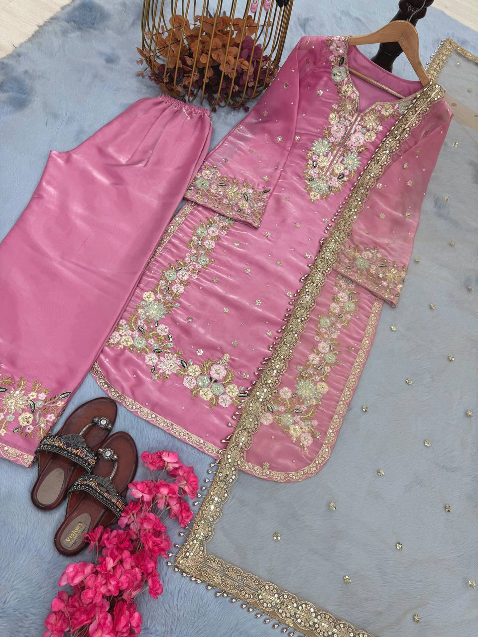 Pink Designer Party Wear Chinon Silk Plazzo Set – Exquisite Embroidery & Handwork