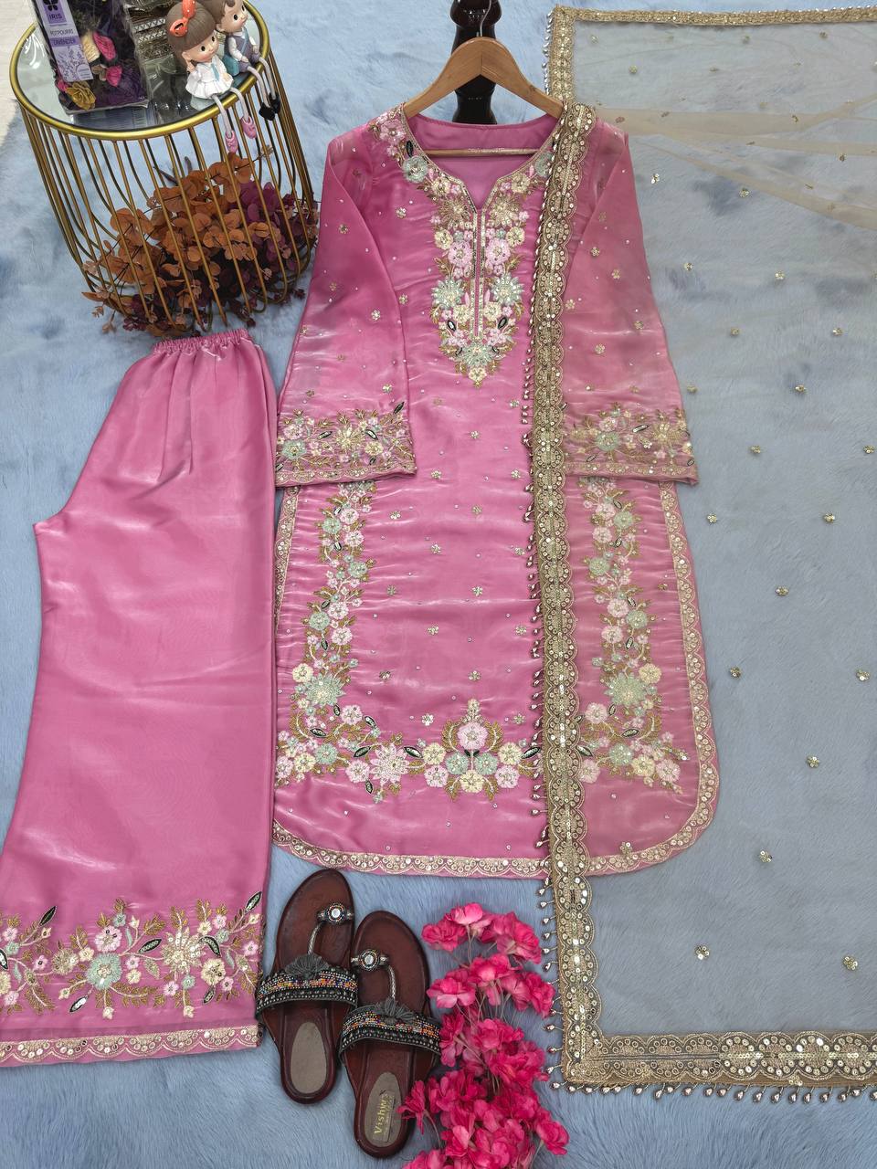 Pink Designer Party Wear Chinon Silk Plazzo Set – Exquisite Embroidery & Handwork