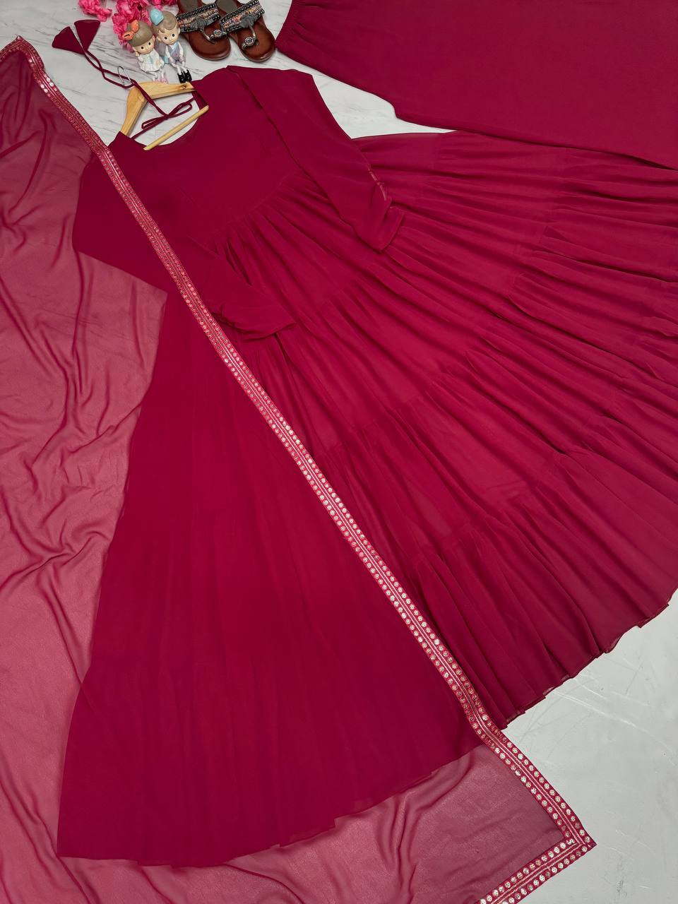 Pink Designer Party Wear Fancy Ruffles Gown, Dupatta & Plazzo Set – Elegant Festive Look