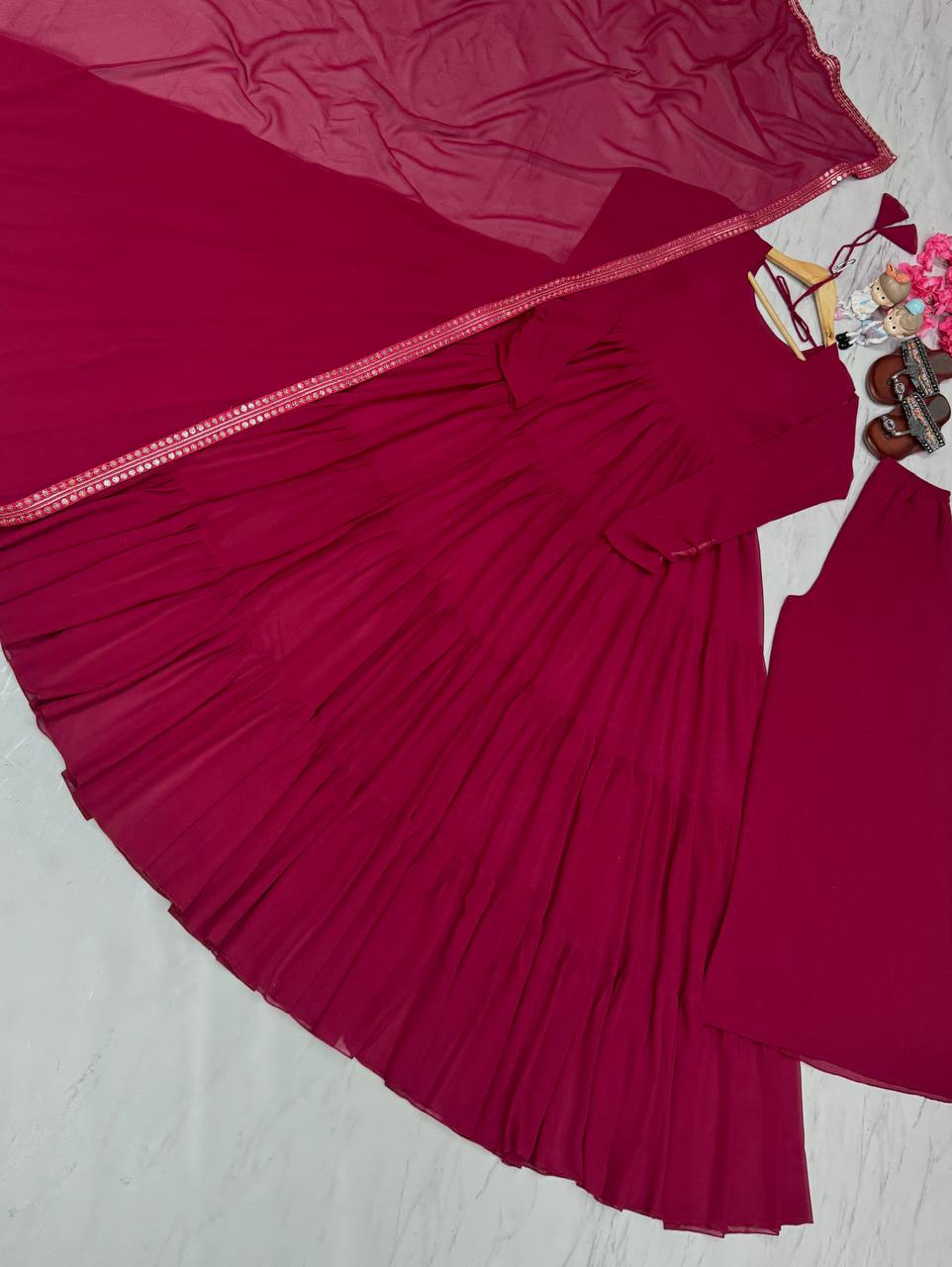 Pink Designer Party Wear Fancy Ruffles Gown, Dupatta & Plazzo Set – Elegant Festive Look