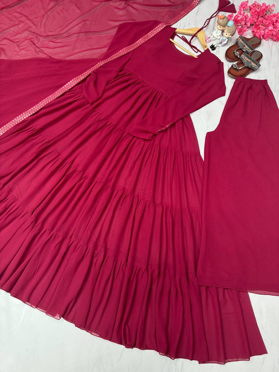 Pink Designer Party Wear Fancy Ruffles Gown, Dupatta & Plazzo Set – Elegant Festive Look