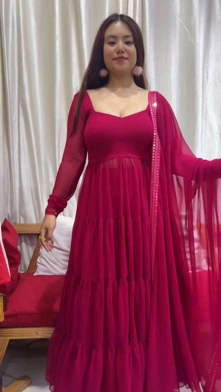 Pink Designer Party Wear Fancy Ruffles Gown, Dupatta & Plazzo Set – Elegant Festive Look