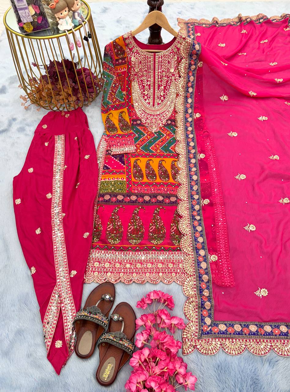 Pink Designer Party Wear Look Trending Printed Top, Dupatta & Dhoti Set