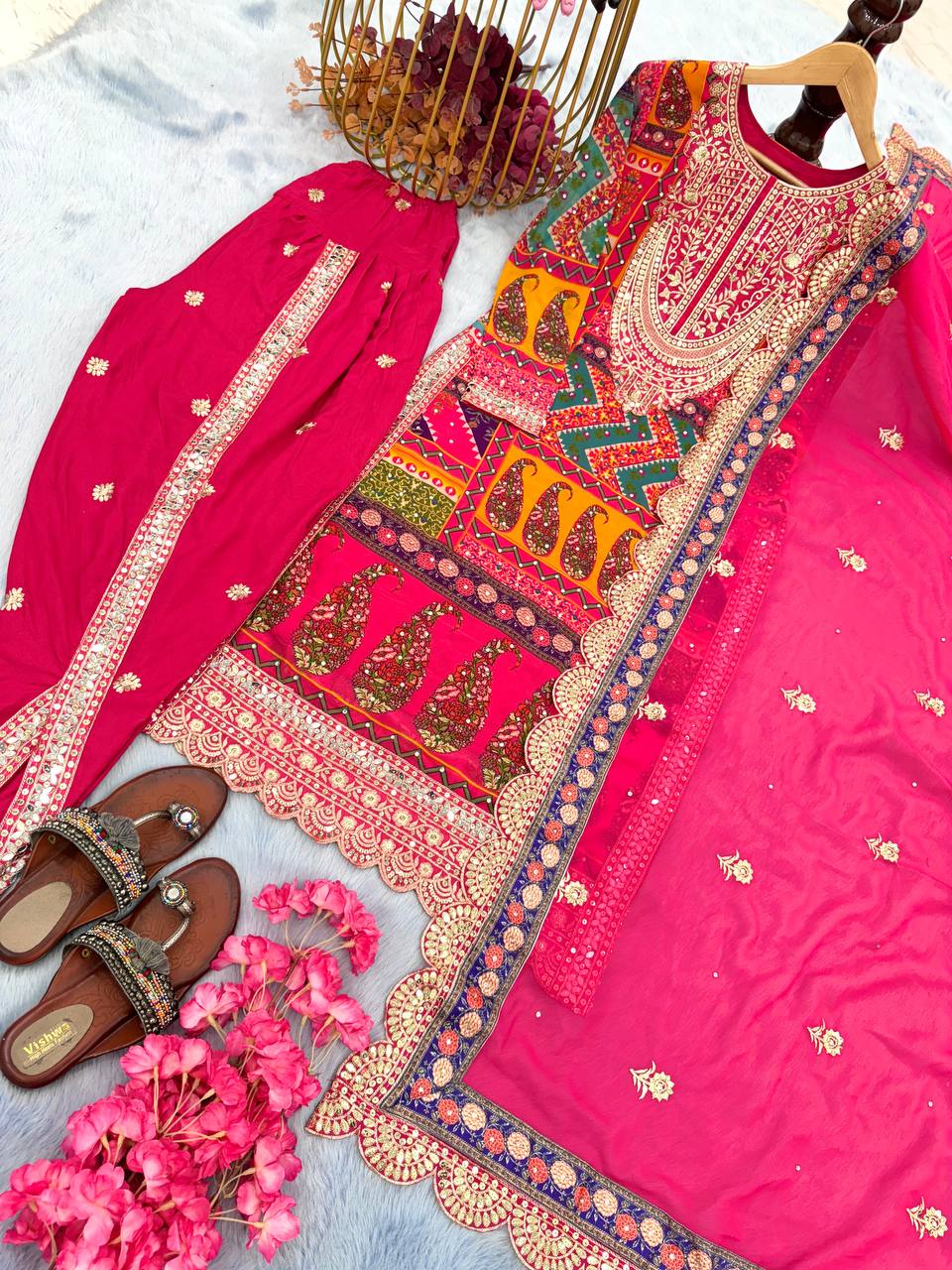Pink Designer Party Wear Look Trending Printed Top, Dupatta & Dhoti Set