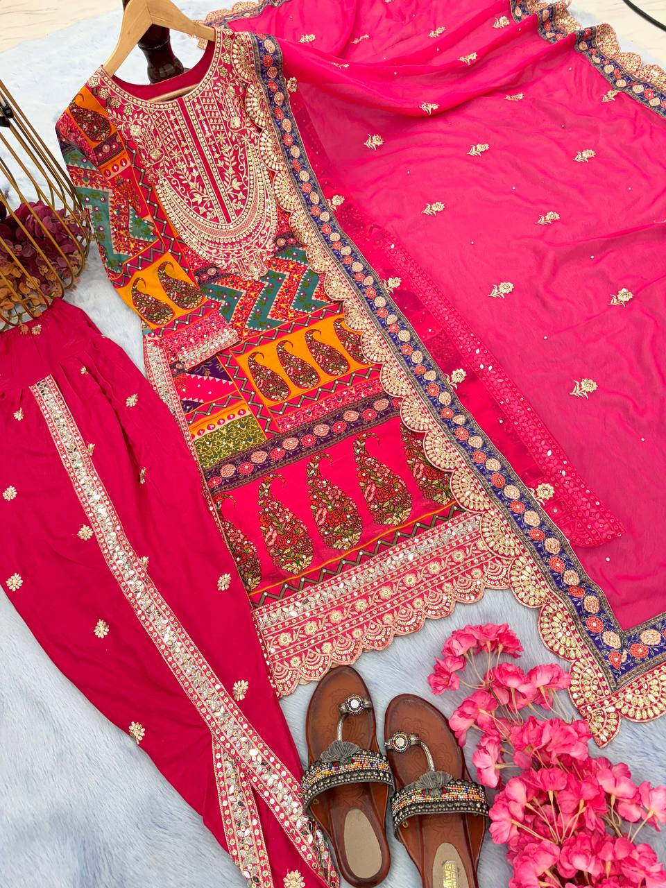 Pink Designer Party Wear Look Trending Printed Top, Dupatta & Dhoti Set