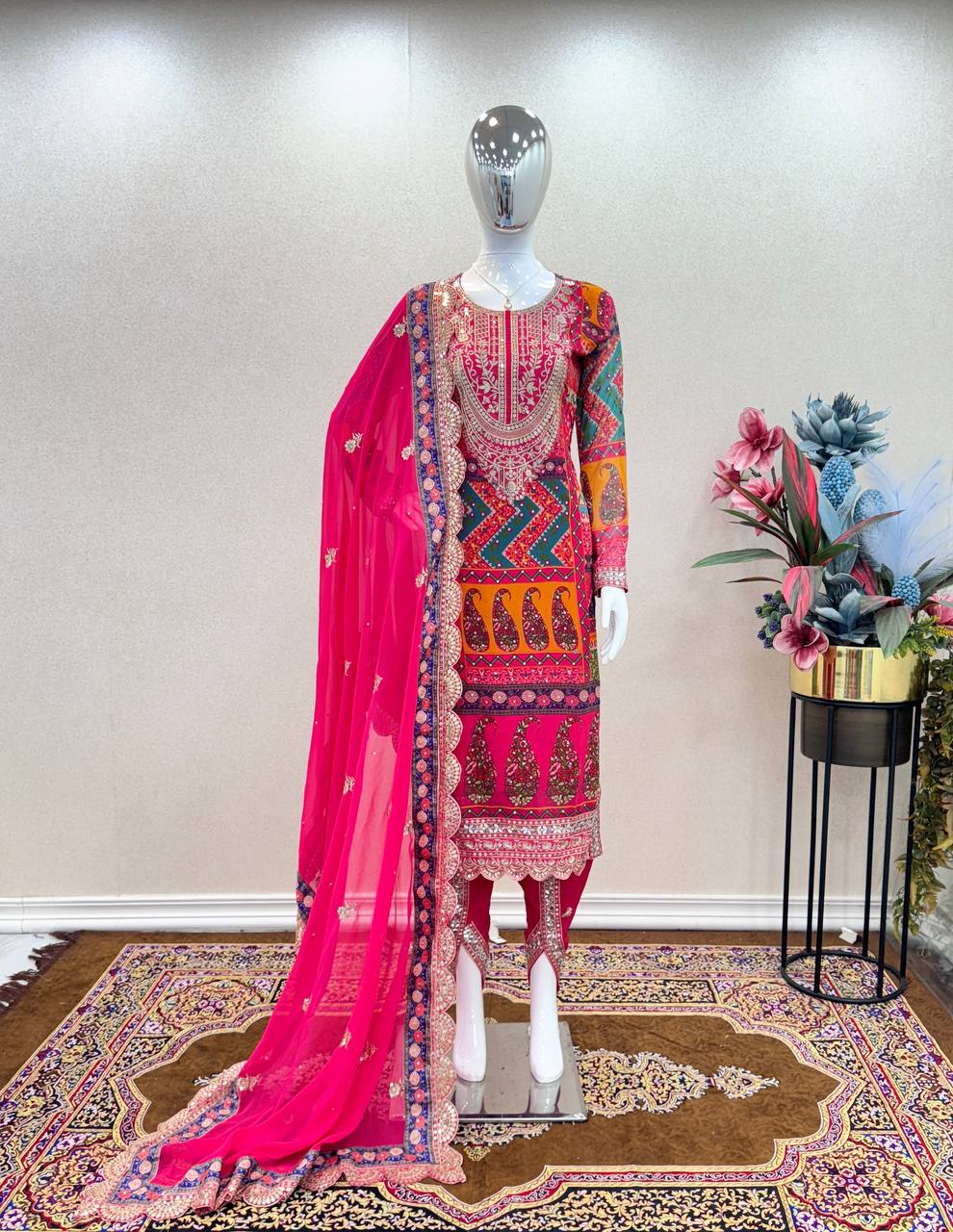 Pink Designer Party Wear Look Trending Printed Top, Dupatta & Dhoti Set