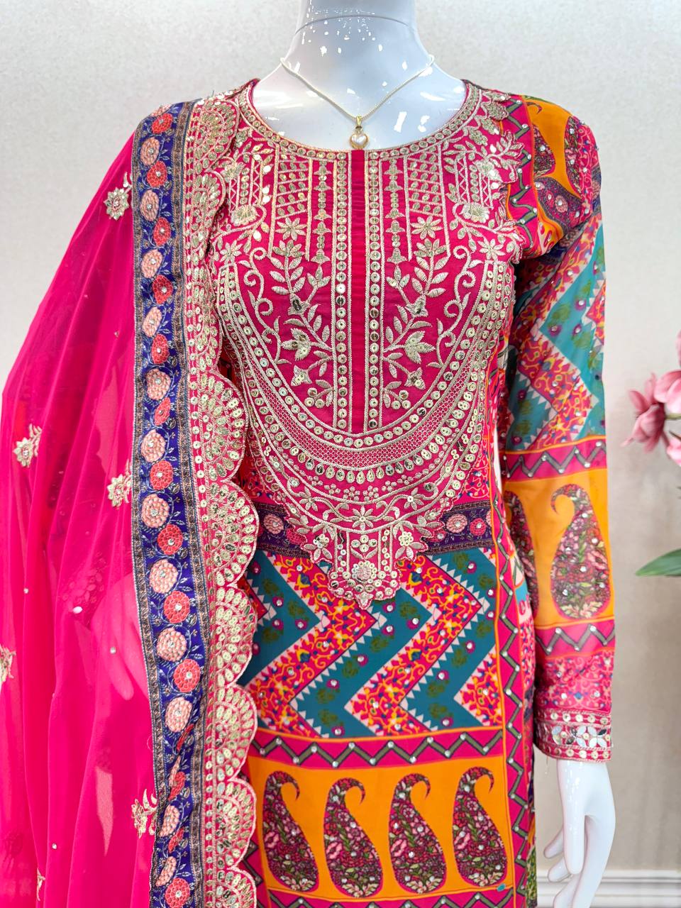 Pink Designer Party Wear Look Trending Printed Top, Dupatta & Dhoti Set