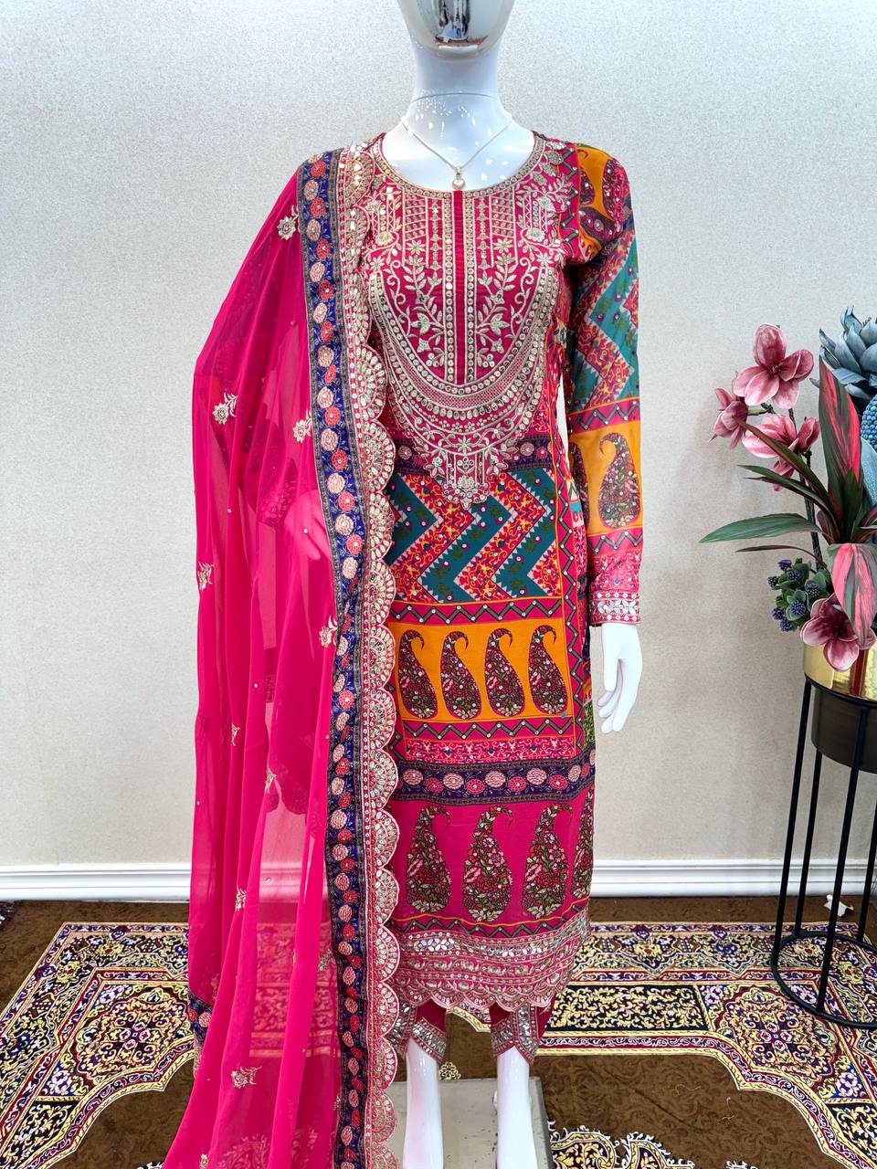 Pink Designer Party Wear Look Trending Printed Top, Dupatta & Dhoti Set