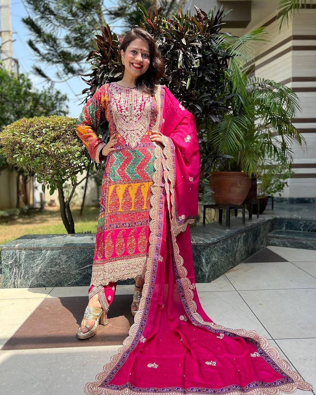 Pink Designer Party Wear Look Trending Printed Top, Dupatta & Dhoti Set