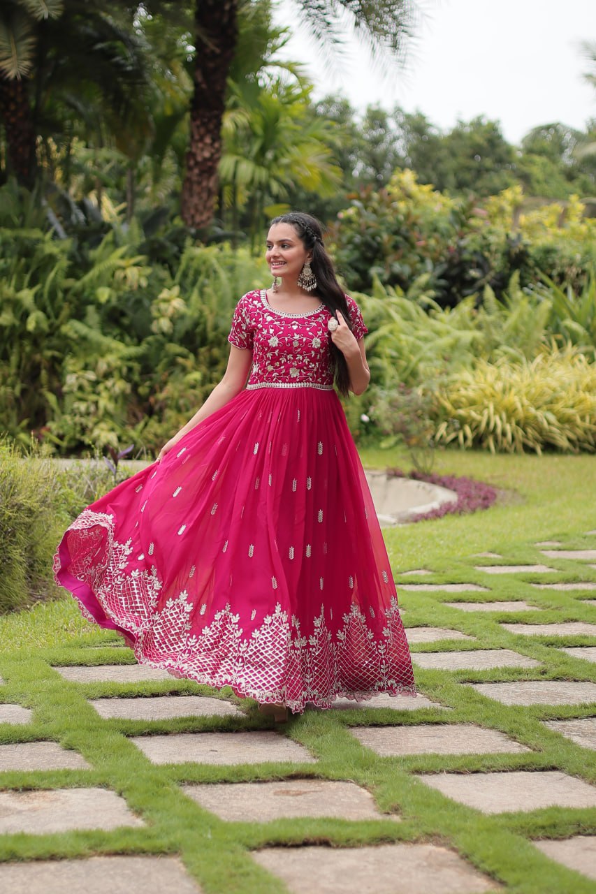 Pink Designer Readymade Gown with Zari & Sequins Embroidery